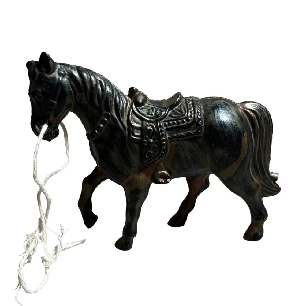 Vintage Hong Kong‎ Plastic Horse Figurine Black Copper Western Saddle Lead Rope